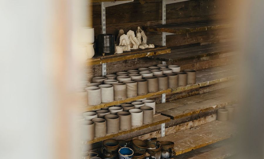 Pottery shelves in the workshop